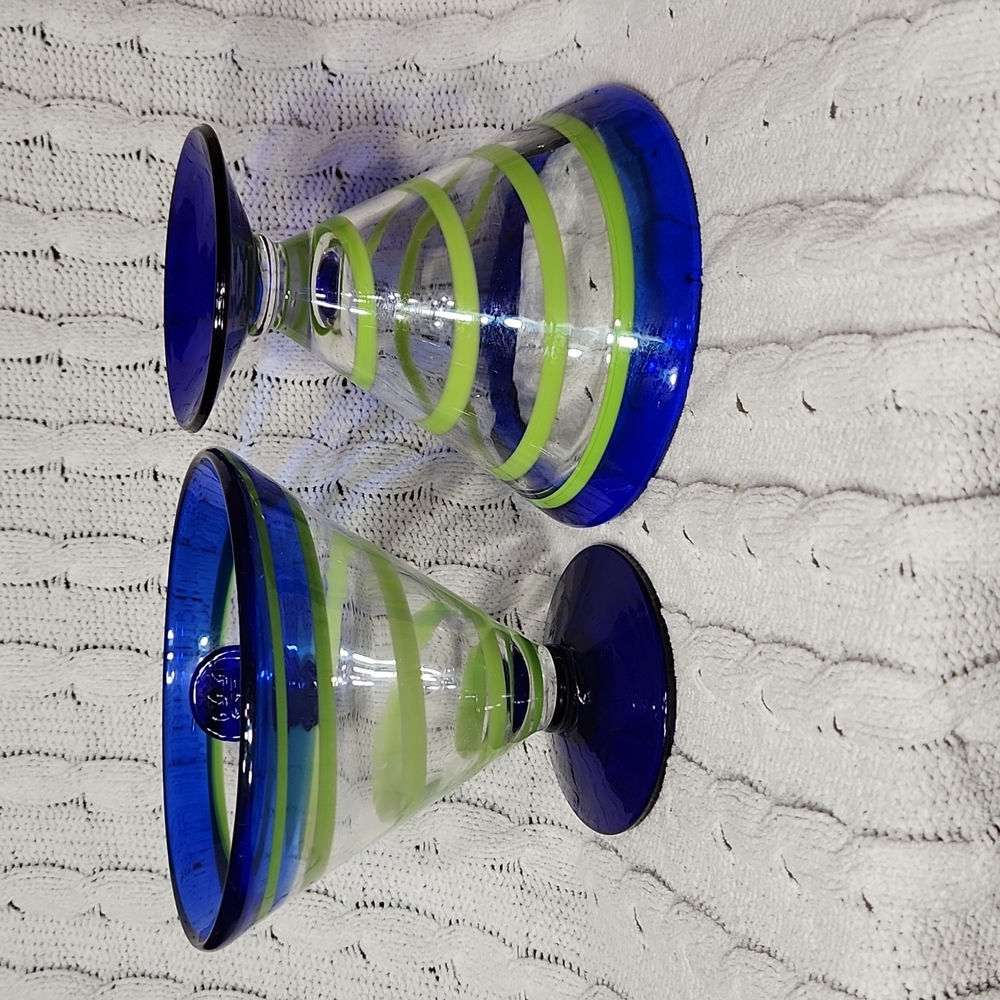 Vintage Kosta Boda Nautical Margarita Glasses 2 Set Blue, Clear, Green S…